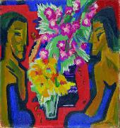 Ernst Ludwig Kirchner Stilleben mit zwei Holzfiguren und Blumen oil on canvas